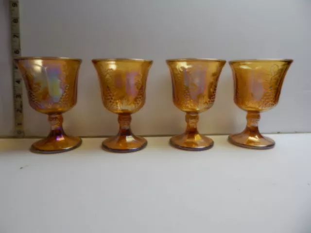 Set of 4 VTG Indiana Glass Iridescent Amber Carnival Glass Harvest Grape Goblets