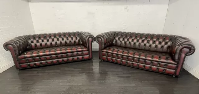 chesterfield Fully Buttoned 3 seaters a beautiful matching pair in oxblood Red