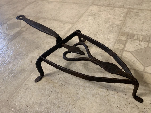 18th Century Footed Hand Forged Iron Hearth Trivet W Openwork Heart Decoration
