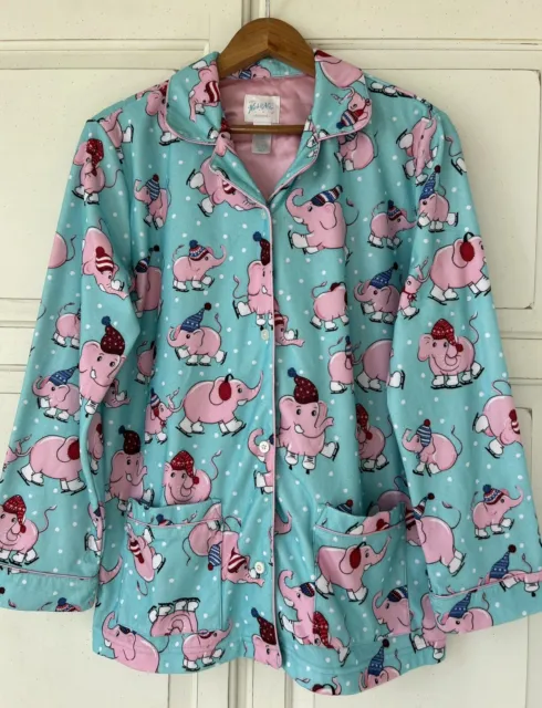 NICK & NORA Elephants Ice Skating Youth XL 14/16 Flannel Button Up Pajama Top
