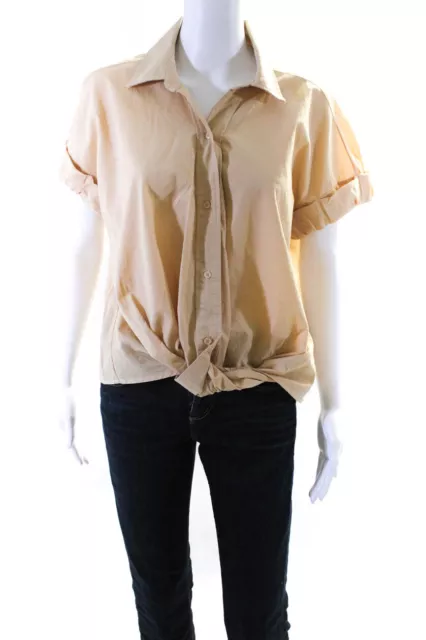 Stateside Womens Short Sleeve Button Up Poplin Shirt Blouse Beige Size XS