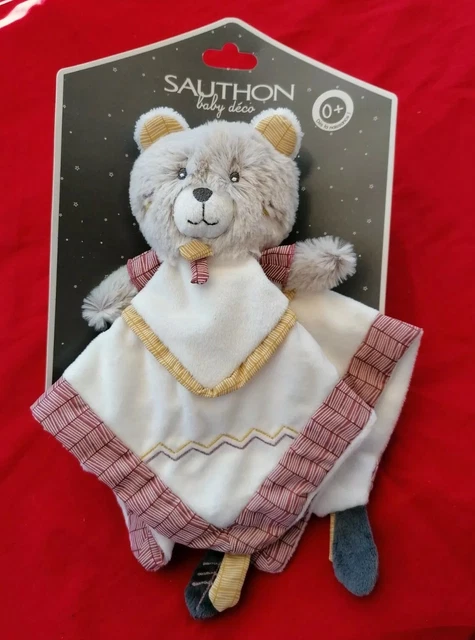 ⭐⭐⭐ Doudou ours timouki gris blanc jaune rouge rayures sauthon NEUF
