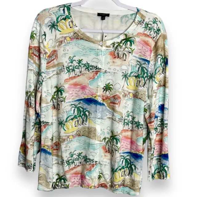 Talbots Palm Tree Tropical Cardigan Sweater Women's XL P Multicolor Casual New