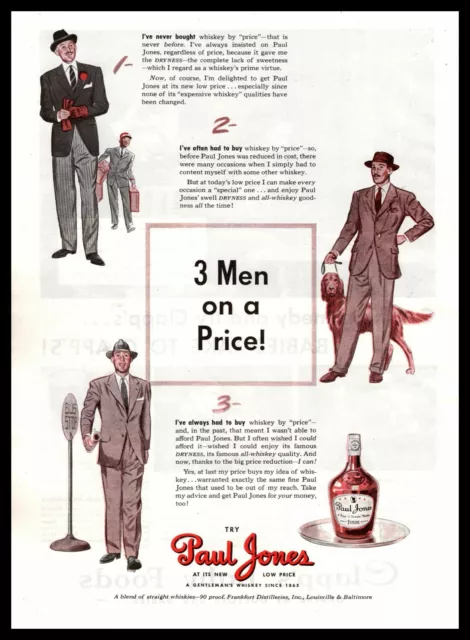 1940 Paul Jones Whiskey "3 Men On A Price!" Irish Setter Dog Vintage Print Ad