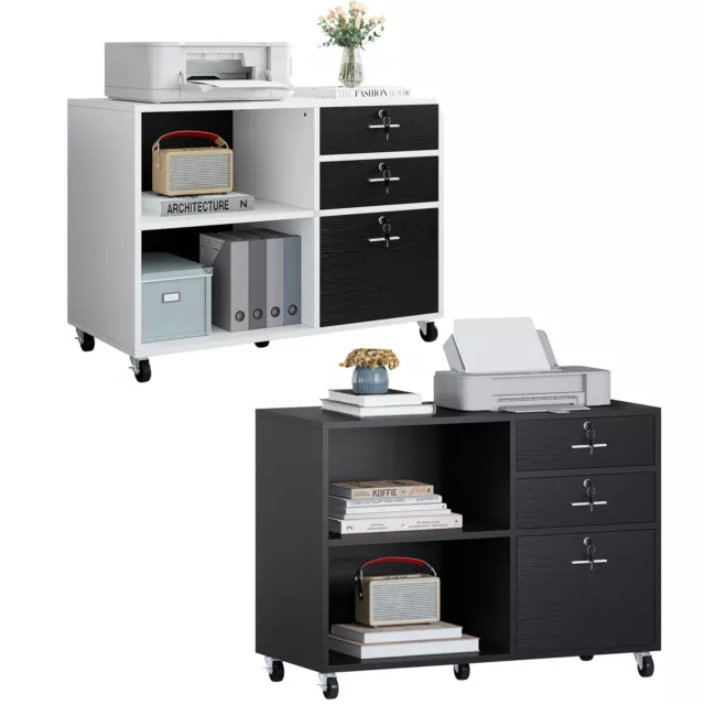 Mobile Lateral Filing Cabinet Printer Stand wth 3 Drawer Wood File Cabine Office