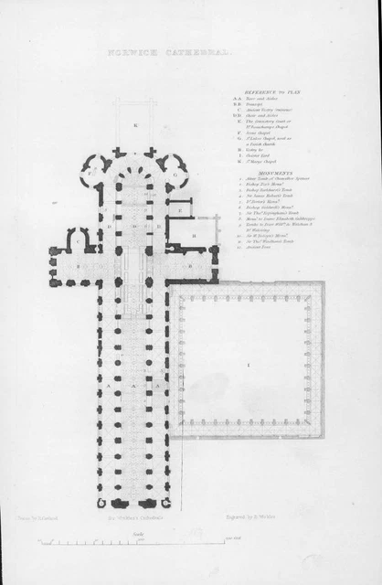1838 Antique Engraving NORWICH CATHEDRAL REFERENCE TO PLAN Norfolk (WC37)