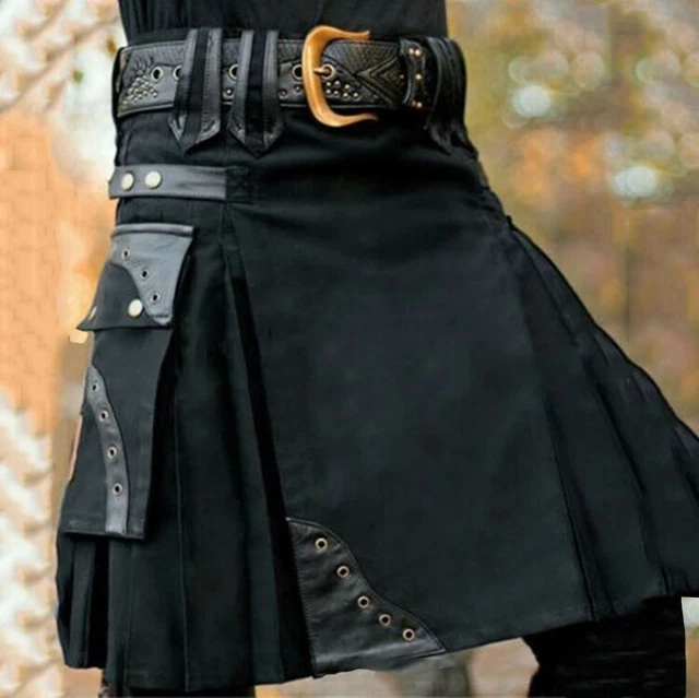PU Cargo Gotico Steampunk Kilt Patchwork Tasca S-3XL Vintage Uomo Guerriero