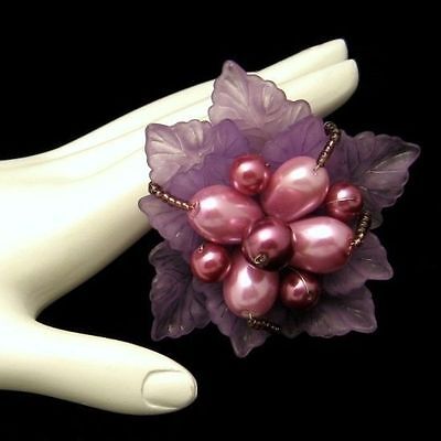 Translucent Purple Leaves Pink Beads Figural Flower Brooch Pin Vintage Pretty