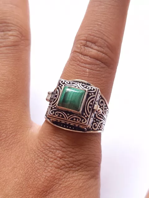 Handmade 925 Silver Plated Malachite Poison Ring Hidden Compartment Size 5-16 US