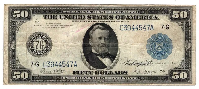 1914 $50 Chicago Federal Reserve Note. F/pinholes/marking.  Y00010030