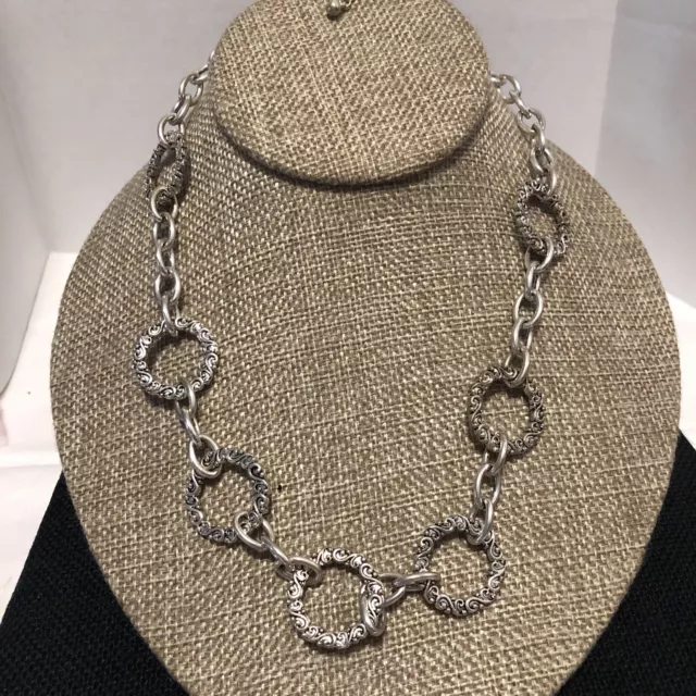 Silvertone circle lace chain necklace 16 inch with extender