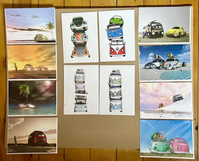 Camper Van and Beetle Classic Car Greeting Cards Pack Of 12