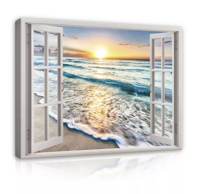 Leinwand Bilder Fenster Blick Strand Meer Wandbild XXL Bild Wohnzimmer Modern 91