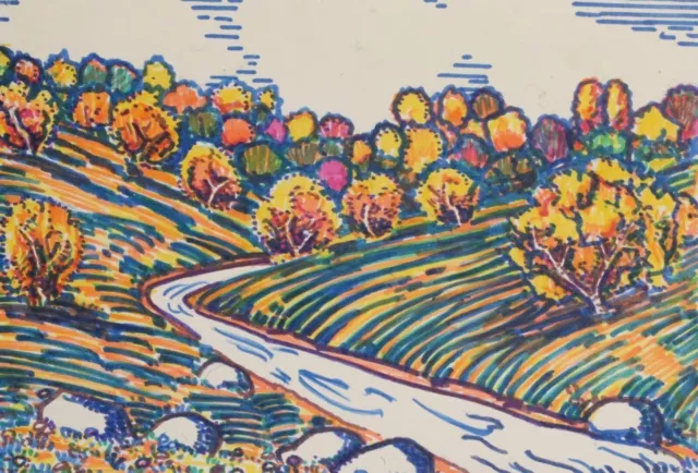 Vintage watercolour painting beautiful autumn by the river landscape