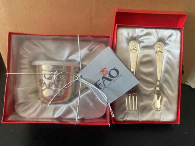 FAO Schwarz Silverplate Sippy Cup & Fork Spoon Set, Teddy Bear Baby Toddler New