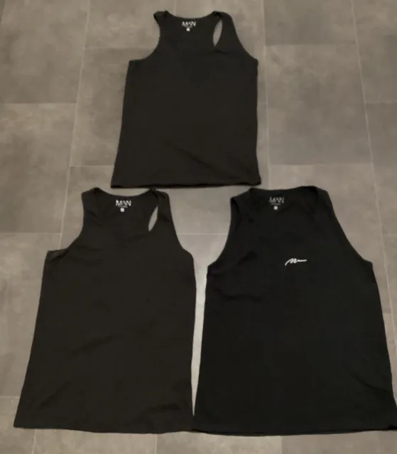 VGC Boohoo Man Black Racer Back Muscle Sleeveless Vests x3 40.5in L