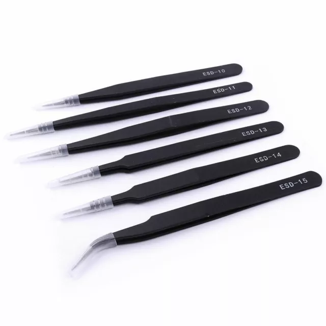 6X Non-magnetic Steel Fine Curved Tweezers Forceps Anti-static ESD SMD chips