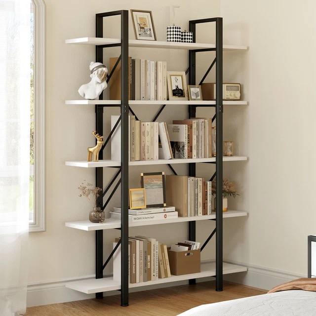 WOOD BOOKSHELF BOOKCASE 5 Tier Metal Ladder Shelf Organizer Stand
