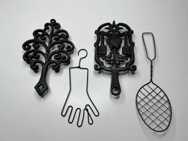 2 Vintage Cast Iron Pot Holders & Metal Wall Art Hand & Wire Spoon Kitchen Decor