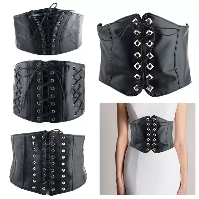 Black Waist Cincher Wide Band Elastic Tied Waspie Corset Leather Belt Ladies