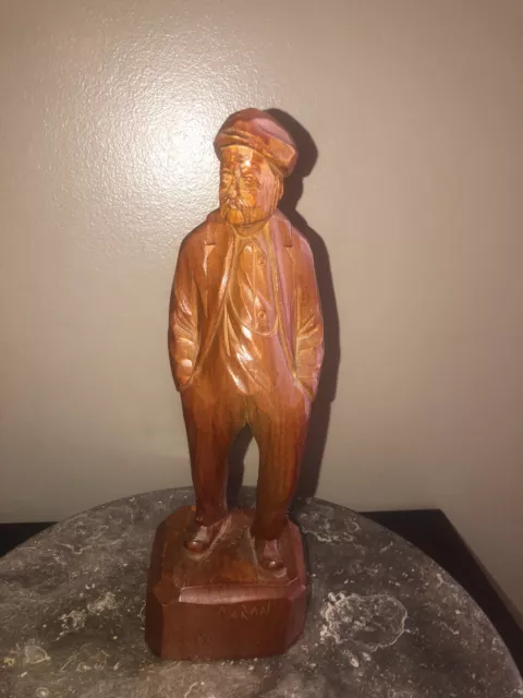 OLD HAND CRAVED WOODEN FIGURINE 9.75 ”T Approx Quebec  CA SIGNED Caron /FOLK ART