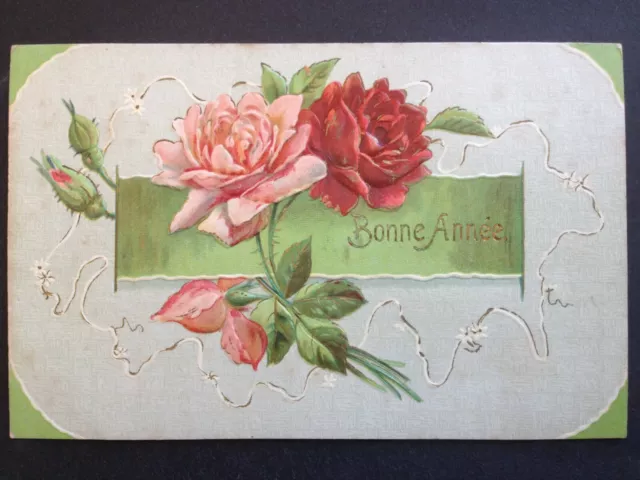NOUVEL AN. Bonne Année carte gaufrée Fleurs 1907