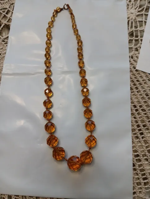 VTG FACETED CUT AMBER GLASS CRYSTAL GRADUATED BEAD NECKLACE 18 inch Art Deco