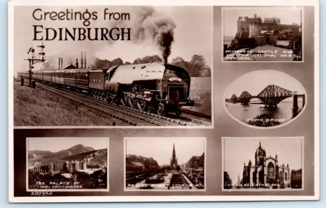 POSTCARD RPPC Greetings from Edinburgh Scotland Multiview Flying Scotsman Palace