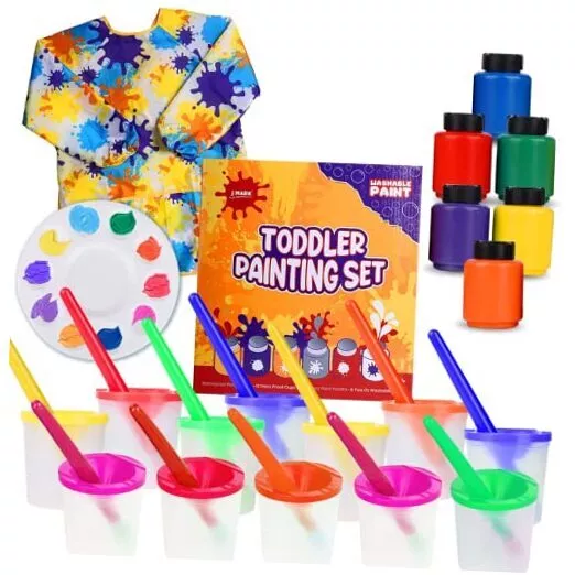 J MARK 32 Piece Toddler Painting Set – Spill Proof Paint Cups for Kids, 1