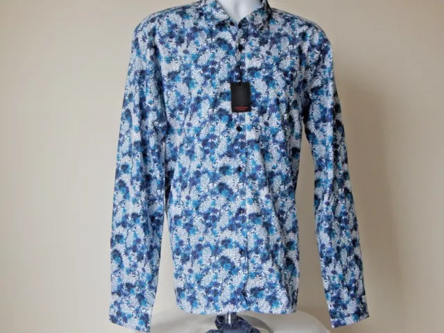 Jared Lang Semi-Fitted Floral Print COTTON LONG SLEEVE SHIRT BLUE XL 2XL $225