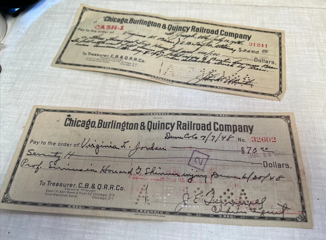 (2) 1948 Chicago Burlington Quincy Railroad Company Cancelled CheckS 4 CLAIMS 8