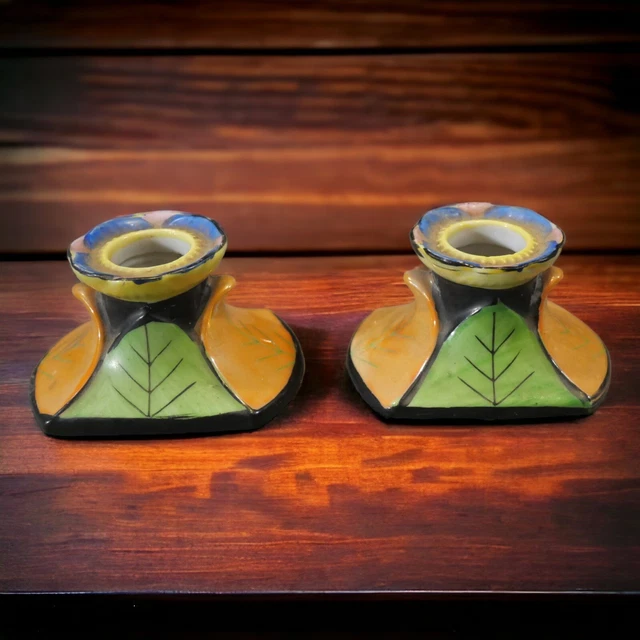 Pair of Mid 20th Century Japanese Lusterware Porcelain Leaf Motifs Candlesticks