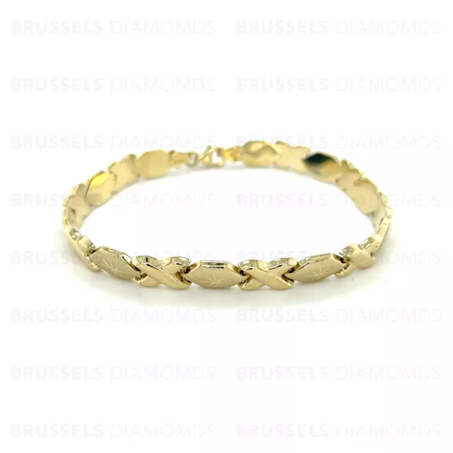 Real 10K Yellow Gold 7" 8" Diamond Cut Hearts and Kisses Stampato Bracelet Women
