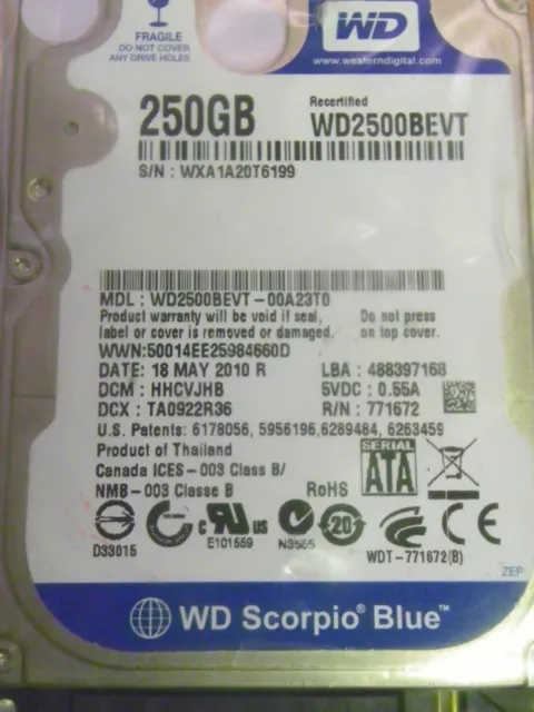 Western Digital WD2500BEVT-00A23T0 Laptop 250GB 2.5" SATA HDD