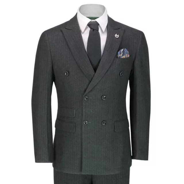 Mens Grey 3 Piece Double Breasted Pinstripe Suit Smart Retro Tailored Fit Jacket