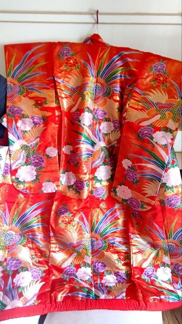 Luxurious Iro-Uchikake Embroidery, Onaga Bird Flower Pure Silk Japan Kimono