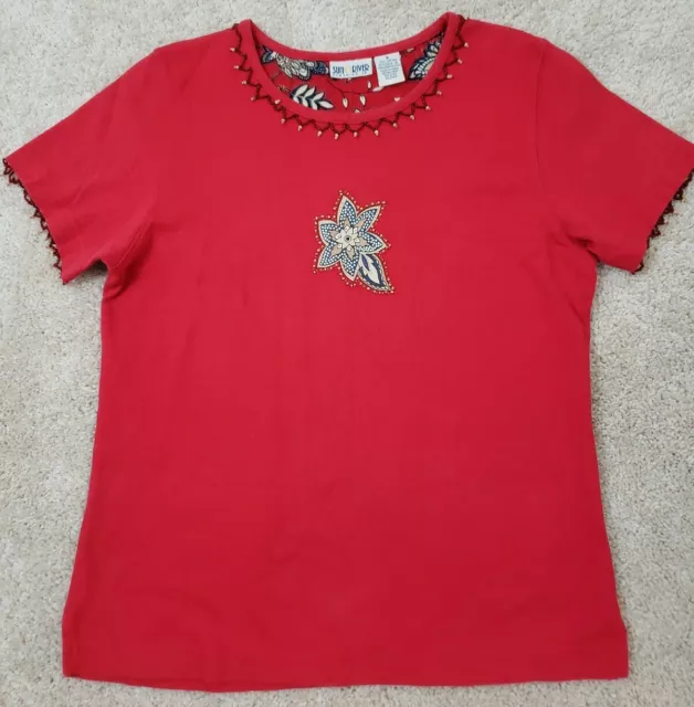 Vntg. Sunriver~Women's Size S~Red Embroidered Cotton T-Shirt SS.