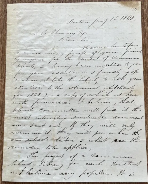 Horace Mann, U.S. Rep, Education, Excellent Content Autograph Letter Signed 1840