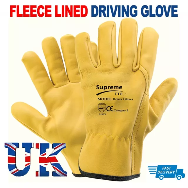 Premium Yellow Leather Driver Work Gloves Fleece Lined Lorry Truck Driving Glove