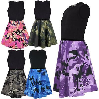 Girls Skater Dress Kids Camouflage Contrast Panel Summer Party Dresses 5-13 Year