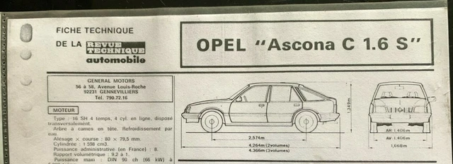 Fiche Technique Automobile Opel Ascona C 1.6 S - Édition 1982, Occasion, Document D'époque RTA