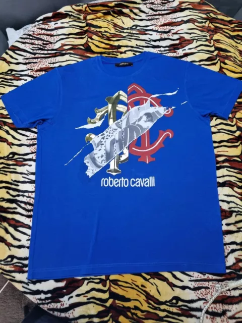 Mens Roberto Cavalli T Shirt Short Sleeve Blue Size XL Authentic Worn Twice