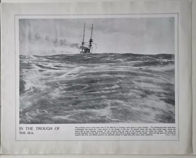 1915 Ww1 Print & Text Naval Guns In Rough Weather At Sea British Gunners