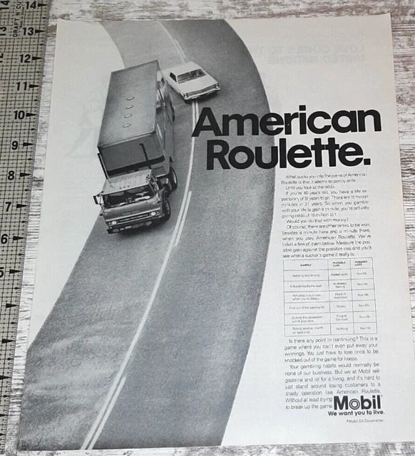 1967 Mobil Oil Vintage Print Ad Car Truck No Pass Zone American Roulette B&W
