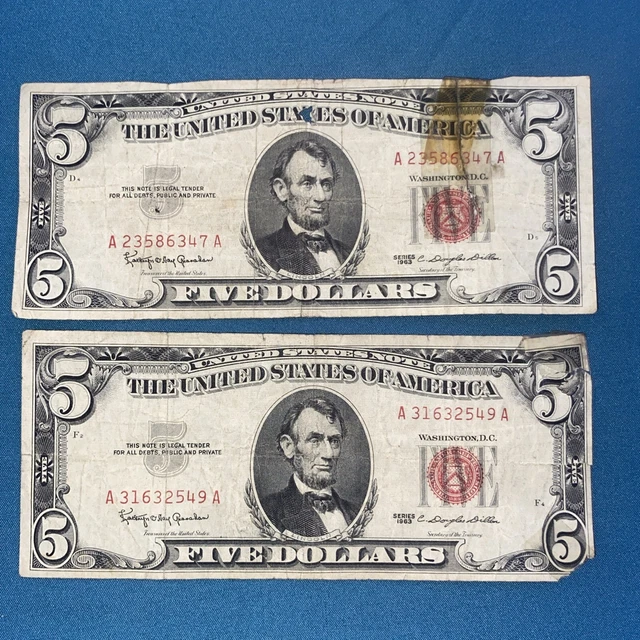 ☆$5 Five Dollar Red Seal Lincoln Dollars ☆Red Certificate Old Money☆ 1963☆