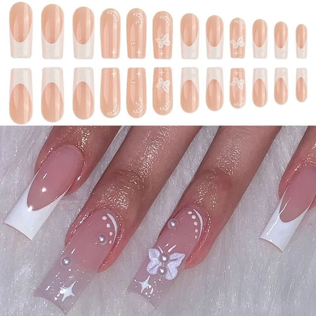 Wearable DIY Press on Nails Long French Fake Nails Square Head Butterfly