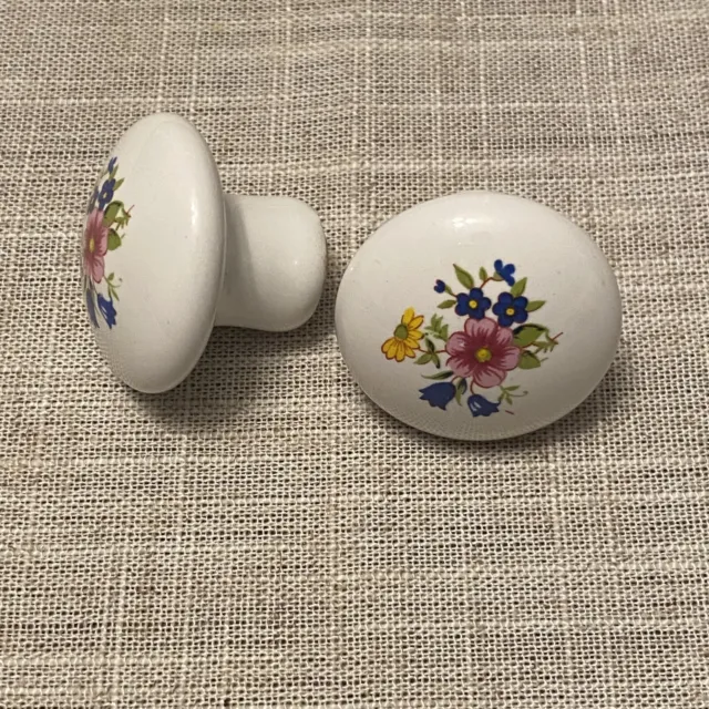 Set Of 2 Ceramic Porcelain Drawer Pulls Vintage White Round Floral Cabinet Knobs
