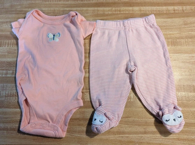 Carter's Baby Girl Size Newborn 100% Cotton Pink Butterfly Bodysuit & Pants Set