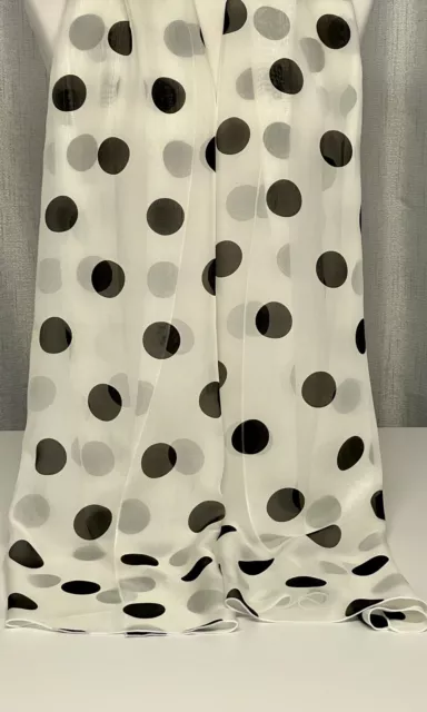 100% Mulberry Silk Chiffon Scarf  - Black Polka Dots on White - 65x190cm