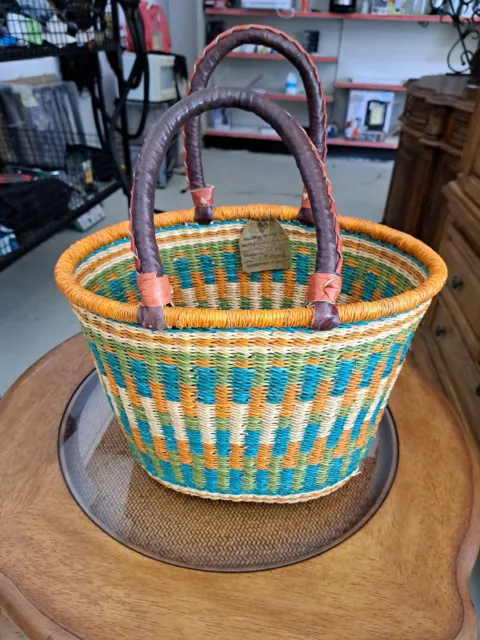 Alaffia Woven Basket Ghana Hand Made leather wrapped handle Small